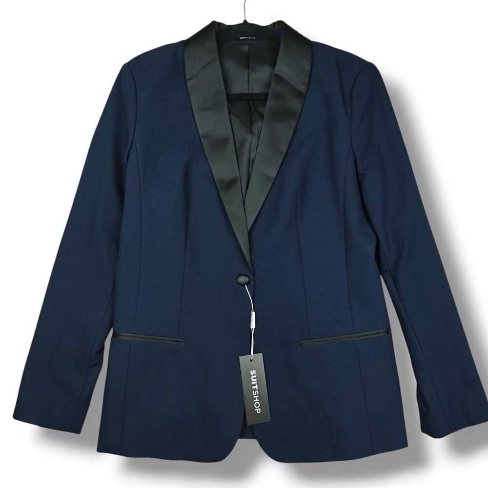 SuitShop Women's 6R Navy Blue Shawl Tuxedo Suit Jacket Slim Fit Stretch NWT